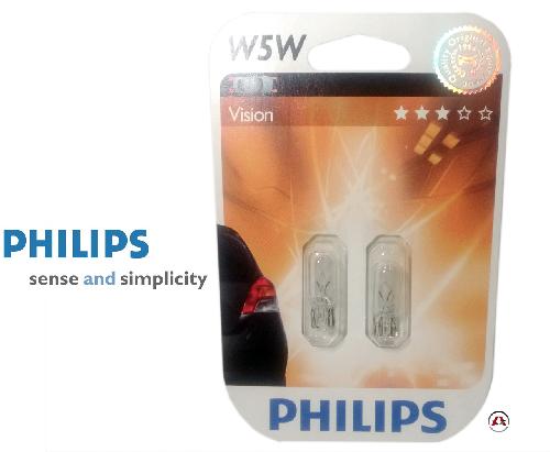 Ampoules Wedgebase - Veilleuses 10 ampoules W5W Vision - 12V - 5W - Blanc - Philips - Homologue