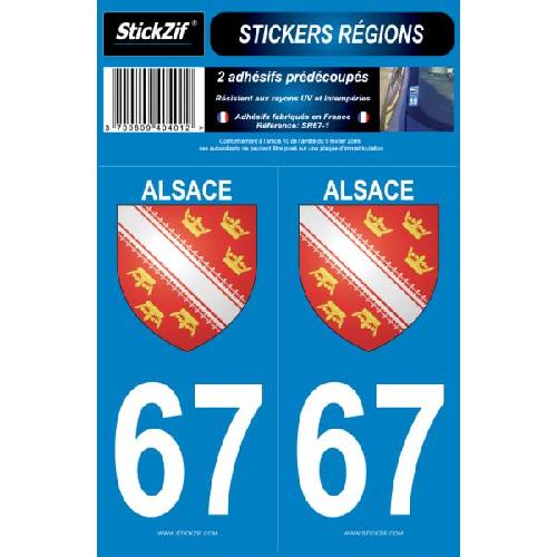 Stickers Plaques Immatriculation 2 ADHESIFS -REGION- DEPARTEMENT 67 ALSACE