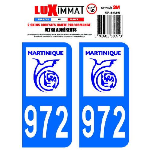 Stickers Plaques Immatriculation 2 Adhesifs Resine Premium Departement 972 MARTINIQUE