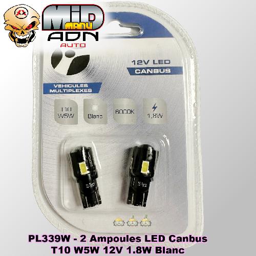 Ampoules Wedgebase - Veilleuses 2 Ampoules LED Canbus T10 W5W 12V 1.8W Blanc - PlanetTech