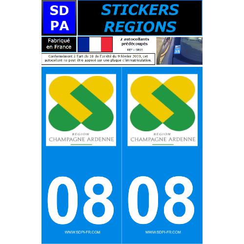 Stickers Plaques Immatriculation 2 autocollants Region Departement 08