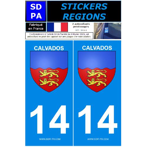 Stickers Plaques Immatriculation 2 autocollants Region Departement 14 version 2