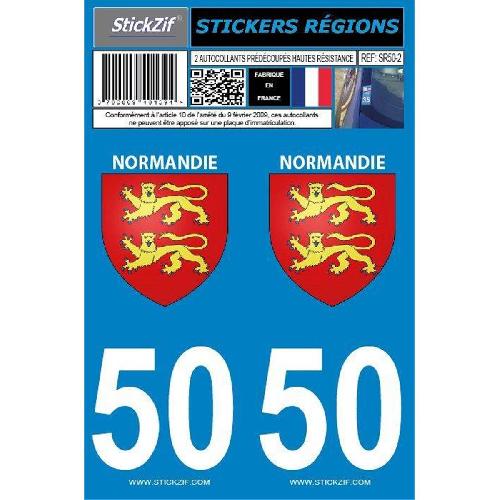 Stickers Plaques Immatriculation 2 autocollants Region Departement 50 -nouvelle version-