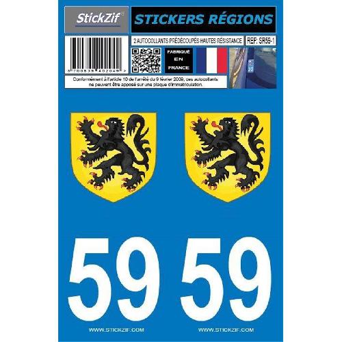 Stickers Plaques Immatriculation 2 autocollants Region Departement 59 -Lion des Flandres