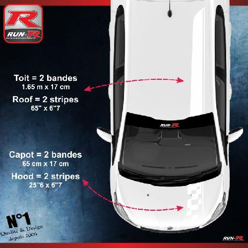 Adhesifs Peugeot 2 stickers Bandes Racing compatible avec le toit et le capot des PEUGEOT 208 et 207 - BLANC - Run-R