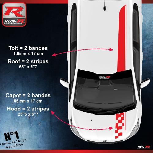 Adhesifs Peugeot 2 stickers Bandes Racing compatible avec le toit et le capot des PEUGEOT 208 et 207 - ROUGE - Run-R