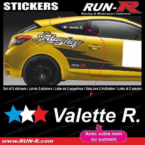 Stickers Personnalisés 2 stickers NOM PILOTE drift rallye style 3 etoiles - Lettrage blanc - Run-R