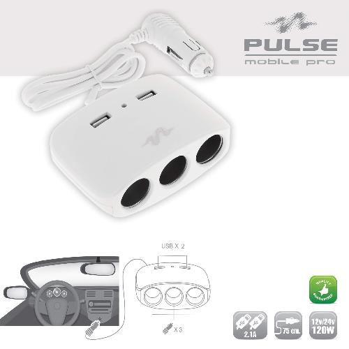 Allume Cigare - Prise Allume-cigare 3 Multiprises Allume Cigare + 2 Usb 2.1a Blanc - Pulse