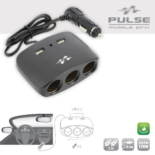 Allume Cigare - Prise Allume-cigare 3 Multiprises Allume Cigare + 2 Usb 2.1a Noir - Pulse