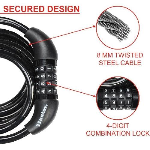 Antivol Antivol Vélo - MASTER LOCK - 8221EURDPRO - Câble torsadé 1.8m - Combinaison programmable