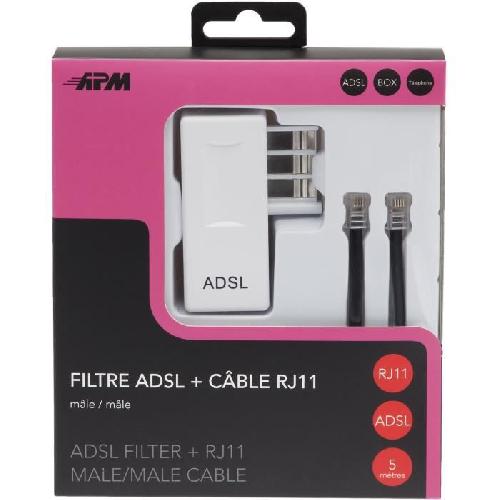 Cable - Adaptateur Reseau - Telephonie APM Cordon ADSL RJ11 - Male-Male - Noir - 5m + FILTRE ADSL - Blanc