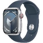 Montre Bluetooth - Montre Connectee - Montre Intelligente Apple Watch Series 9 GPS + Cellular - 41mm - Boitier Silver Aluminium - Bracelet Storm Blue Sport Band - M-L