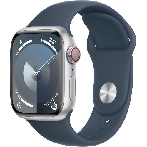 Montre Bluetooth - Montre Connectee - Montre Intelligente Apple Watch Series 9 GPS + Cellular - 41mm - Boitier Silver Aluminium - Bracelet Storm Blue Sport Band - M-L