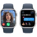 Montre Bluetooth - Montre Connectee - Montre Intelligente Apple Watch Series 9 GPS + Cellular - 41mm - Boitier Silver Aluminium - Bracelet Storm Blue Sport Band - S-M