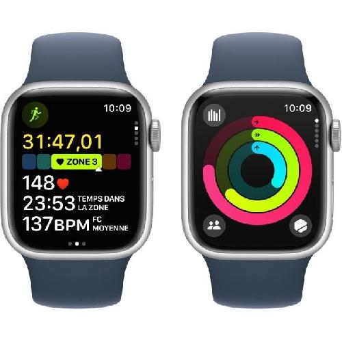 Montre Bluetooth - Montre Connectee - Montre Intelligente Apple Watch Series 9 GPS + Cellular - 41mm - Boitier Silver Aluminium - Bracelet Storm Blue Sport Band - S-M