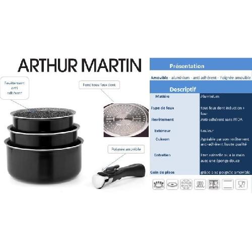 Batterie De Cuisine ARTHUR MARTIN AM120B Set de 3 casseroles 16-18-20 cm + 1 poignée - Tous feux dont induction