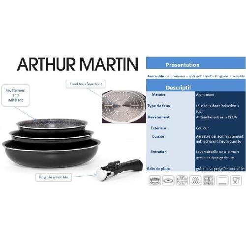 Batterie De Cuisine ARTHUR MARTIN AM130B Set de 3 poeles 20-24-28 cm + 1 poignée - Tous feux dont induction