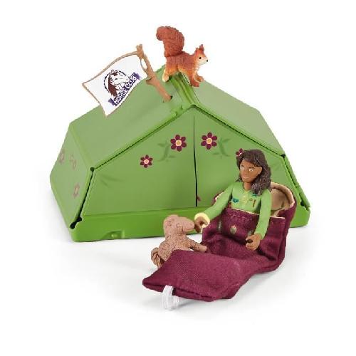 Figurine Miniature - Personnage Miniature Aventures au camping de Sarah. coffret schleich avec 23 éléments inclus dont 1 cheval schleich et 1 personnage. coffret figurines