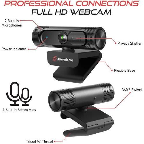 Webcam AVerMedia Webcam PW315. Qualit? Vid?o Ultra Fluide Full HD 1080p ... 60 images-seconde. Id?al pour Streaming et Appels Visio HQ