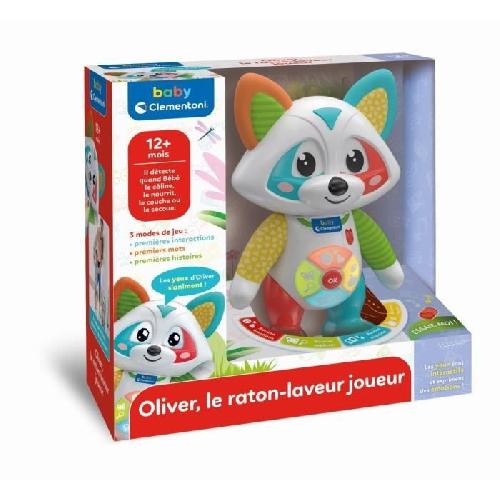 Jeu D'apprentissage Baby Clementoni - Oliver. le raton-laveur joueur - Jeu intéractif - 4 modes de jeux : Émotions. Repas. Histoire et Exploration.