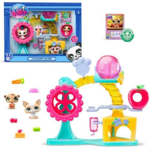 Figurine Miniature - Personnage Miniature BANDAI - Littlest Pet Shop - Coffret Fun Factory - Ensemble de jeu avec 2 animaux. décor et accessoires - BF00519