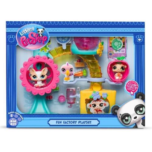 Figurine Miniature - Personnage Miniature BANDAI - Littlest Pet Shop - Coffret Fun Factory - Ensemble de jeu avec 2 animaux. décor et accessoires - BF00519