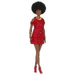 Poupee Barbie-Fashionistas 221-Poupée avec cheveux noirs et robe rouge HRH18