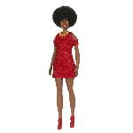 Poupee Barbie-Fashionistas 221-Poupée avec cheveux noirs et robe rouge HRH18