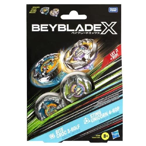 Toupie - Toupie De Competition - Arene - Lanceur Beyblade X Dual Pack Bite Croc 3-60LF et Sting Unicorn 4-60P. 2 toupies de competition a rotation droite. Des 8 ans