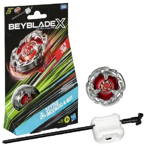 Toupie - Toupie De Competition - Arene - Lanceur Beyblade X. Starter Pack Scythe Incendio 4-60T avec toupie de compétition a rotation droite de type équilibre et lanceur. des 8 ans