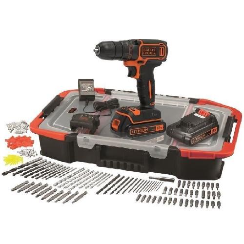 Perceuse BLACK+DECKER Perceuse Visseuse Sans Fil 18 V Li-Ion avec Chargeur BDCDC18BAST-QW avec 160 Accessoires. 2 Batteries 1.5 Ah. 1