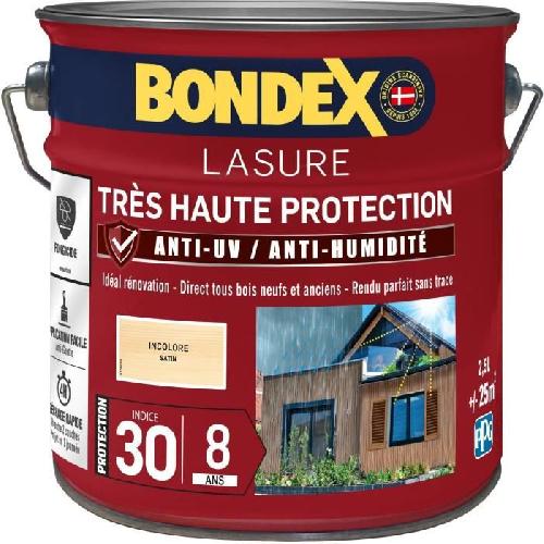 Peinture - Vernis - Traitement (lasure - Effets Decoratifs) BONDEX - Lasure 8 ans - Indice 30 - Incolore - Satin - 2.5L