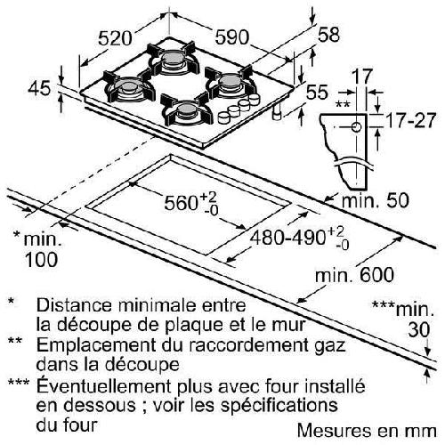 Table - Plaque De Cuisson - Gaz BOSCH POP6B6B10 Plaque de cuisson gaz - 4 foyers - 7400W - L56 x P48cm - Revetement verre trempé - Noir