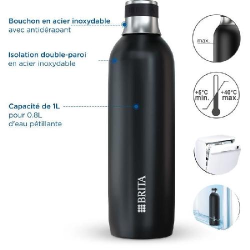 Gazeificateur - Machine A Sodas Bouteille isotherme BRITA - Compatible SodaTRIO - Capacite 1L - Acier Inoxydable - Noire