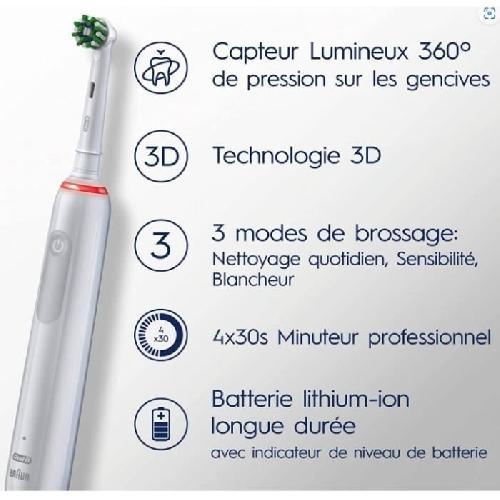 Brosse A Dents Electrique Brosse a Dents Électrique Oral-B Pro 3 3000 Blanche - 2 Brossettes - Tete Ronde - 3 Modes de Brossage