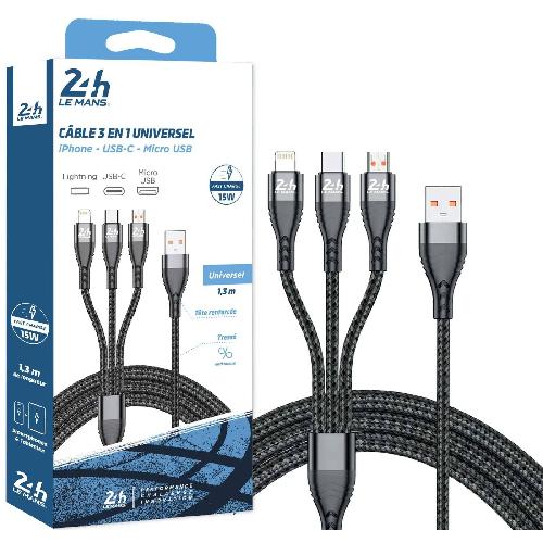 Cable - Connectique Pour Peripherique Cable USB-A triple connectiques Micro Usb Type C Lightning - 24h Le Mans