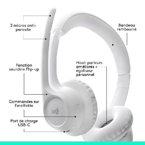 Casque  - Microphone Casque PC Logitech Zone 300 Bluetooth sans fil avec microphone anti-parasite - Blanc