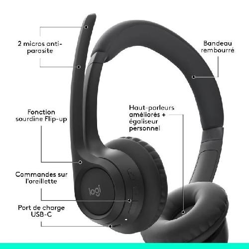 Casque  - Microphone Casque PC Logitech Zone 300 Bluetooth sans fil avec microphone anti-parasite - Noir