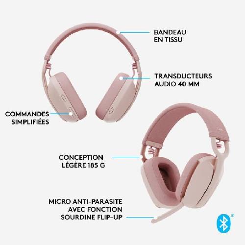 Casque  - Microphone Casque PC Logitech Zone Vibe 100 Casque d''ecoute leger sans fil avec Micro anti-bruit - Rose