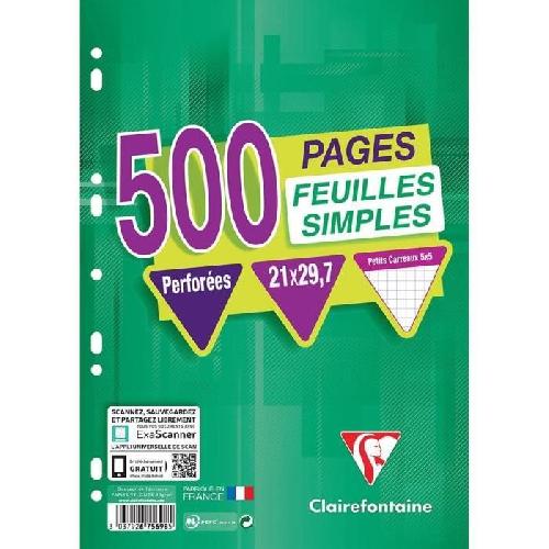 Bloc Note - Bloc De Feuilles CLAIREFONTAINE - 500 Feuilles simples blanches - Perforees - 21 x 29.7 - Petits Carreaux 5x5 - Papier 90G