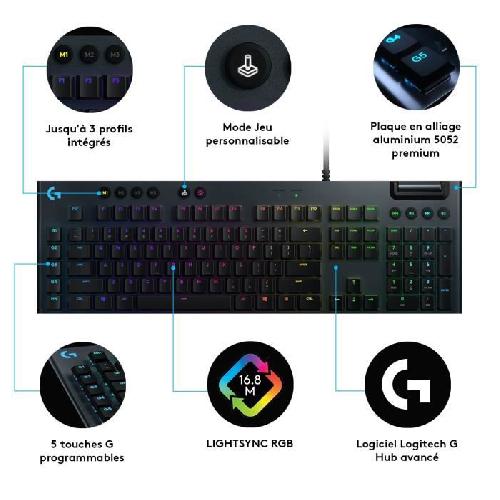 Clavier D'ordinateur Clavier Gamer - Sans fil - Logitech G - G815 Lightspeed - Switch tactile - AZERTY - Noir