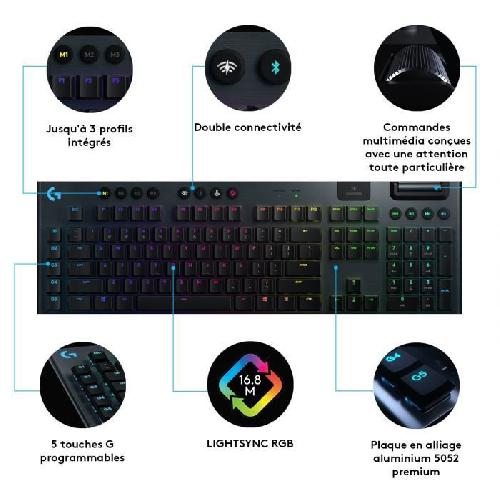 Clavier D'ordinateur Clavier gamer - Sans fil - Logitech G - G915 Lightspeed - Mécanique - GL CLICKY SWITCH - Rétroéclairé - AZERTY - Noir