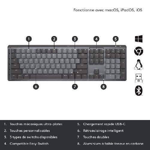 Clavier D'ordinateur Clavier Logitech MX MECHANICAL - Clavier mecanique sans fil retroeclaire - Connexion Bluetooth ou avec recepteur Logi Bolt