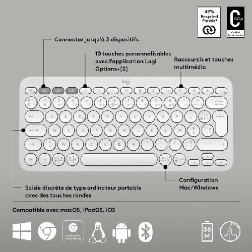 Clavier D'ordinateur Clavier Logitech Pebble Keys 2 K380s clavier sans fil Bluetooth multidispositif - Blanc