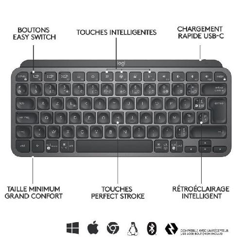 Clavier D'ordinateur Clavier - Sans Fil - Logitech - MX Keys Mini - rétroéclairé - AZERTY - Noir