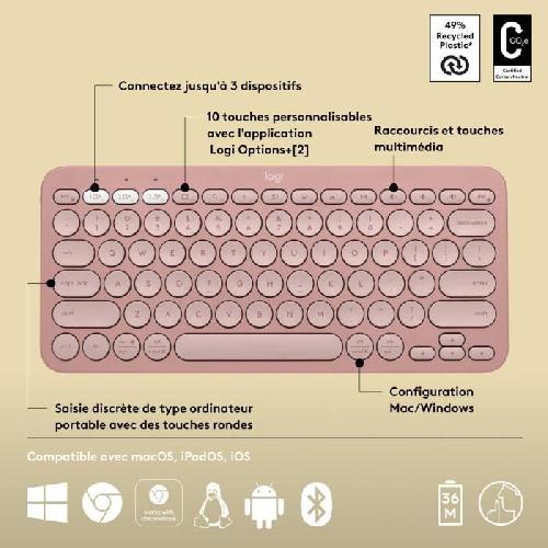 Clavier D'ordinateur Clavier - Sans fil - Logitech - Pebble Keys 2 K380s - Bouton Easy-switch - Rose