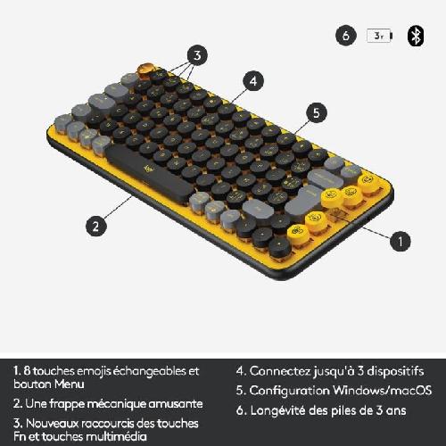 Clavier D'ordinateur Clavier - Sans fil - Logitech - Pop Keys - Mécanique - Touche Emoji - AZERTY - Jaune