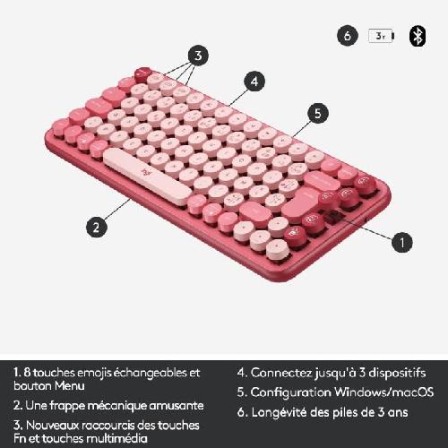 Clavier D'ordinateur Clavier - Sans fil - Logitech - Pop Keys - Mécanique - Touche Emoji - Rose