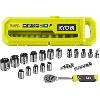 Cle A Fourche - Cle Plate Coffret 1 clé 90 dents (angle de reprise 4°) & 16 douilles (de 7 a 24 mm). adaptateur Hex 1/4'' - Hex 3/8'' - Compatible Ryobi