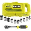 Cle A Fourche - Cle Plate RYOBI - Coffret 1 clé 90 dents. 8 douilles (de 8 a 15 mm) & adaptateur 1/4'' - 3/8'' - Compatible Ryobi LINK - RHRS10PC